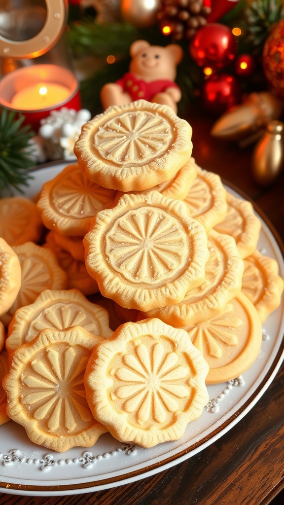 A plate of stamped sugar cookies with intricate designs, sprinkled with sugar, on a festive table.